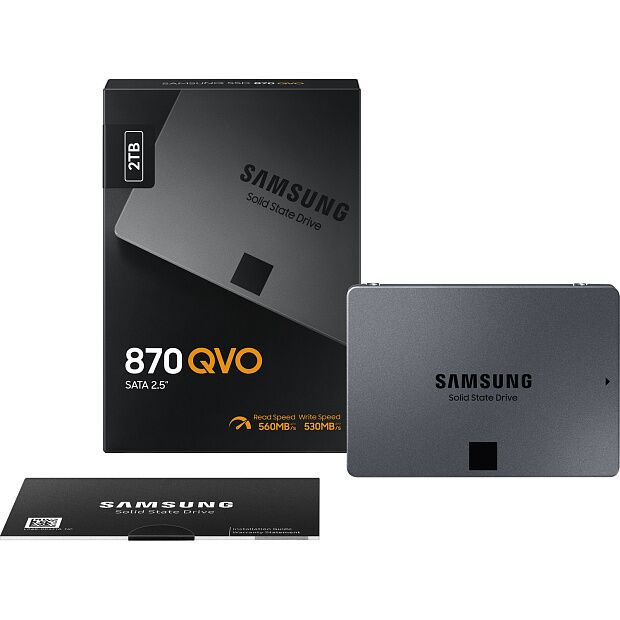 Твердотельные накопители Samsung SSD 870 QVO, 2000GB, 2.5 7mm, SATA3, 4-bit MLC, R/W 560/530MB/s, IOPs 98 000/88 000, TBW 720, DWPD 0.33 (12 мес.) - 7
